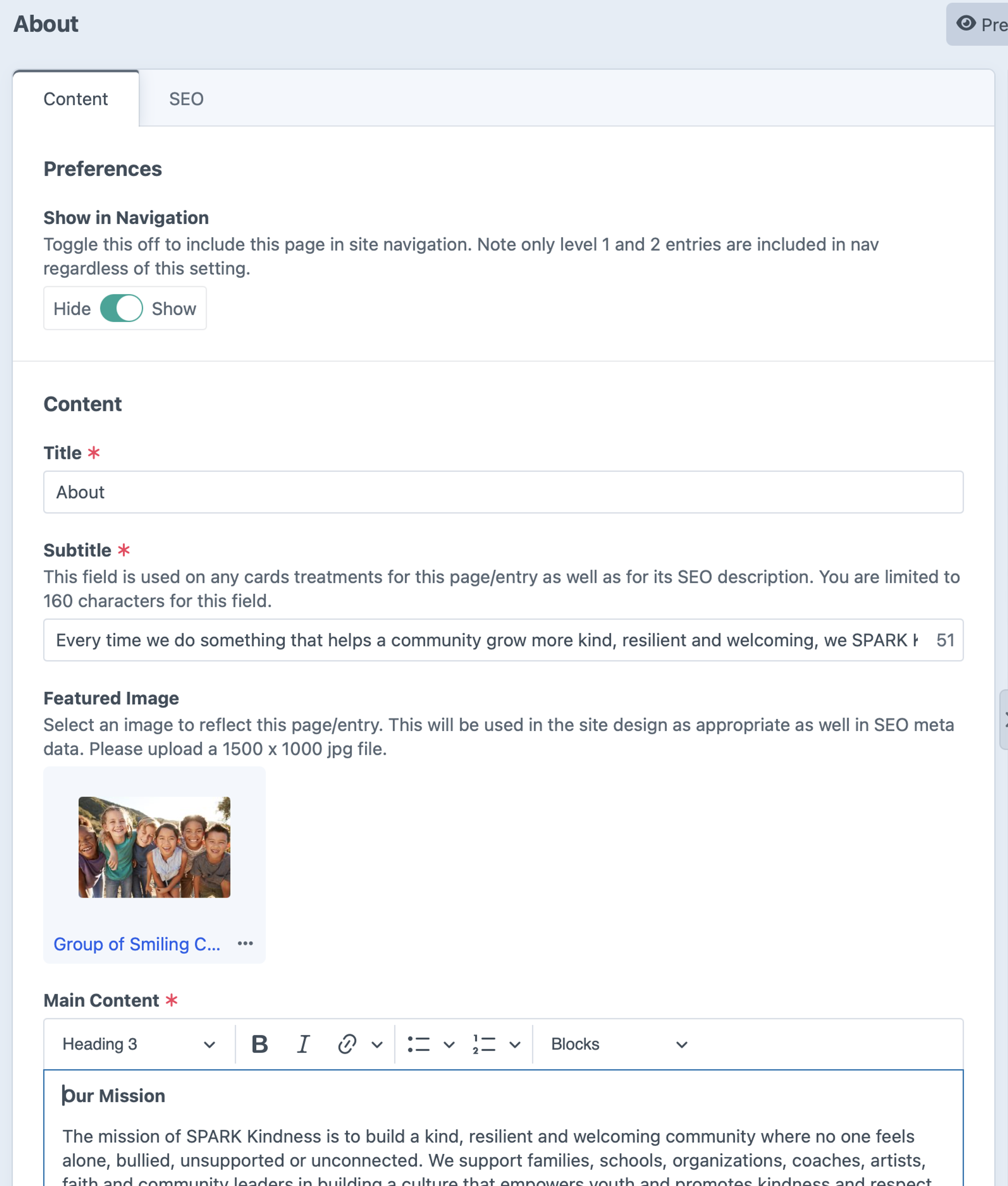 An edit form in Craft CMS for a general page. Includes text, image, and rich text fields. Some have directions under their label to describe how the field is used.