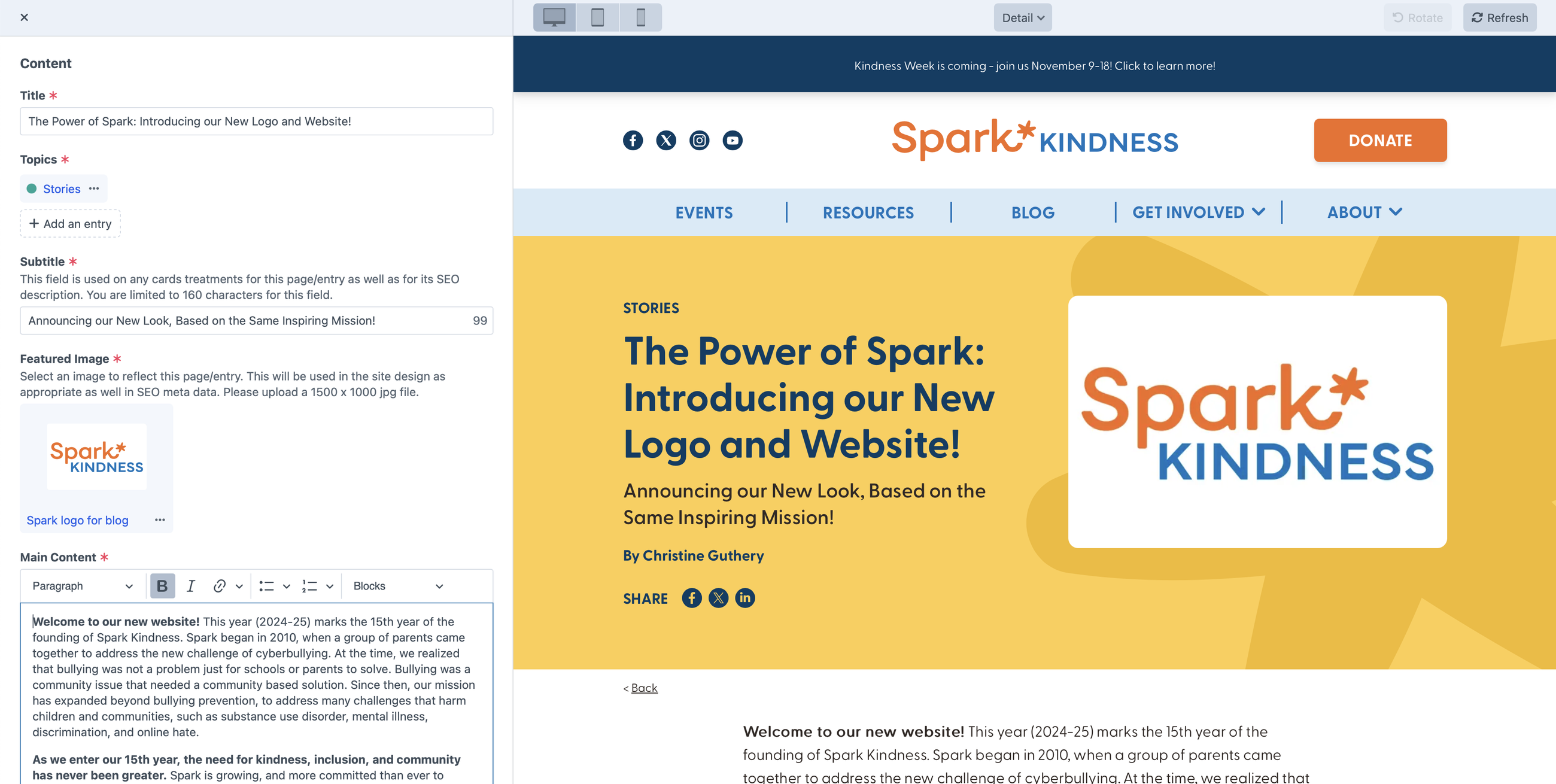 A screenshot from Craft CMS used for www.sparkkindness.org. Shows the preview feature enabled with the edit form in a frame to the left with the page rendered to the right showing how it will look once published.