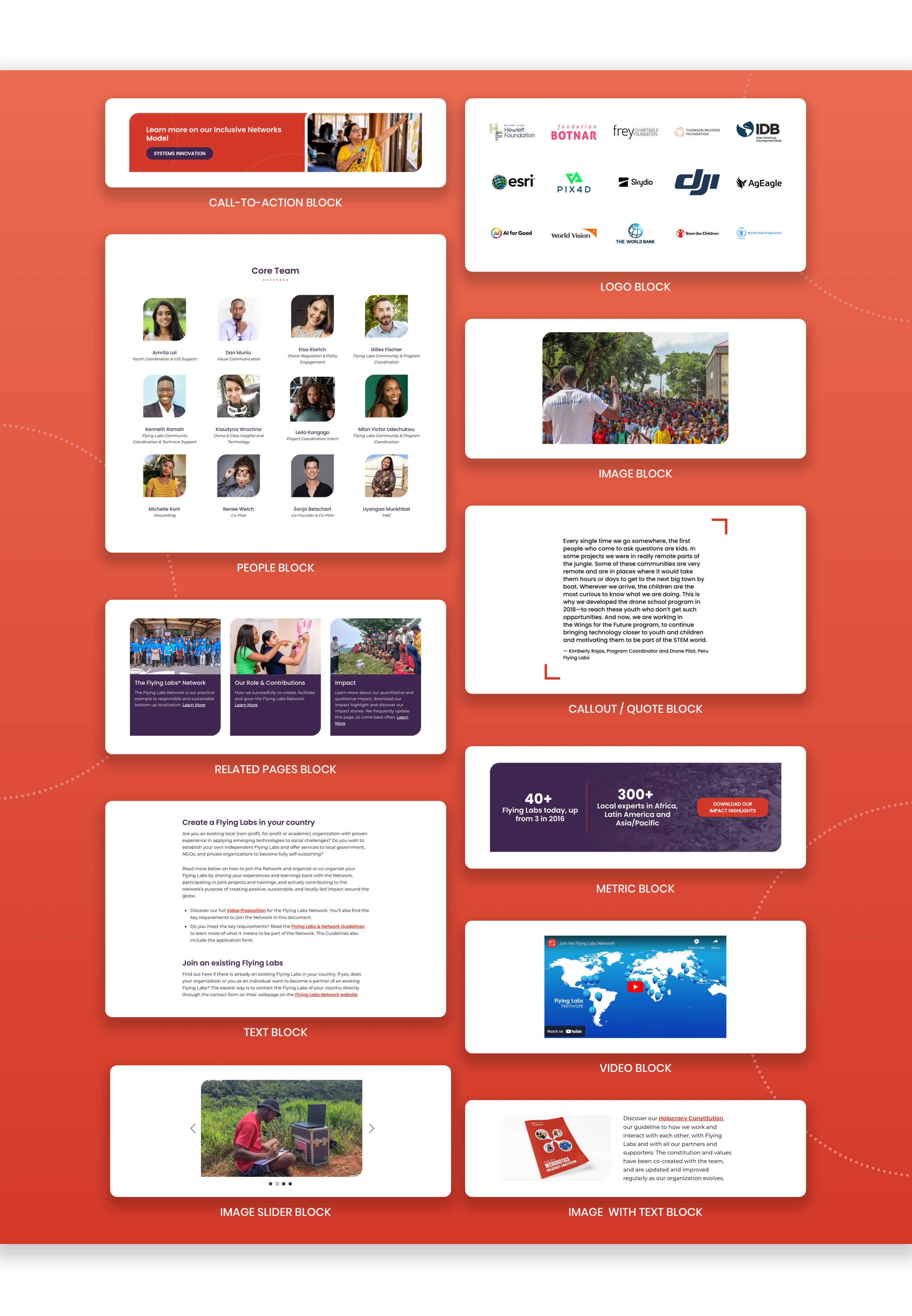 A collection of content blocks used in the werobotics.org website. Includes calls to action, logo grid, metric blocks, and callout to name a few. Each have their own design treatment that matches the overall look of the site.