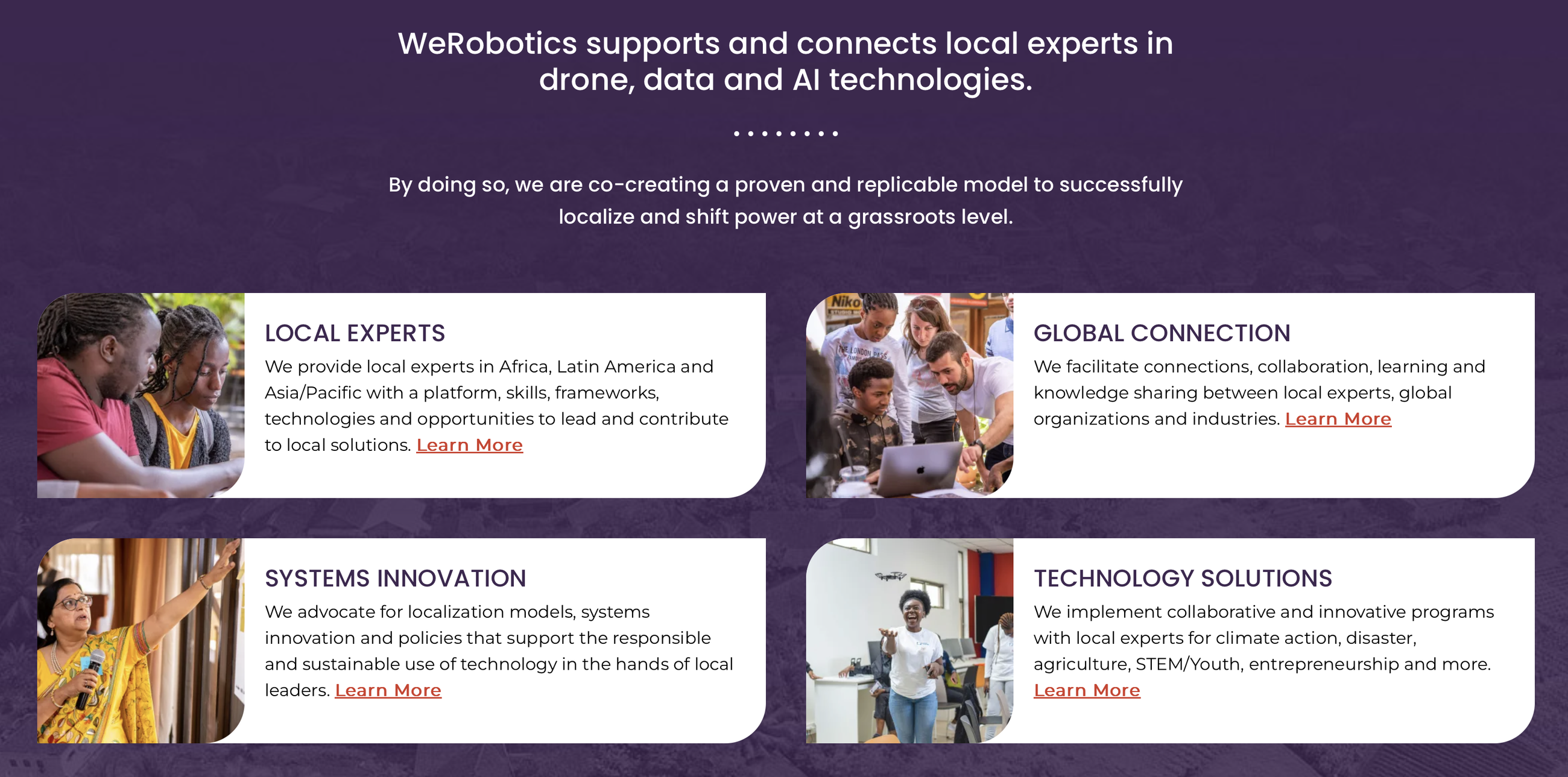 A section of the werobotics.org homepage that shows a grid of four cards for four key program pages. Each card has an image, title, and subtitle.