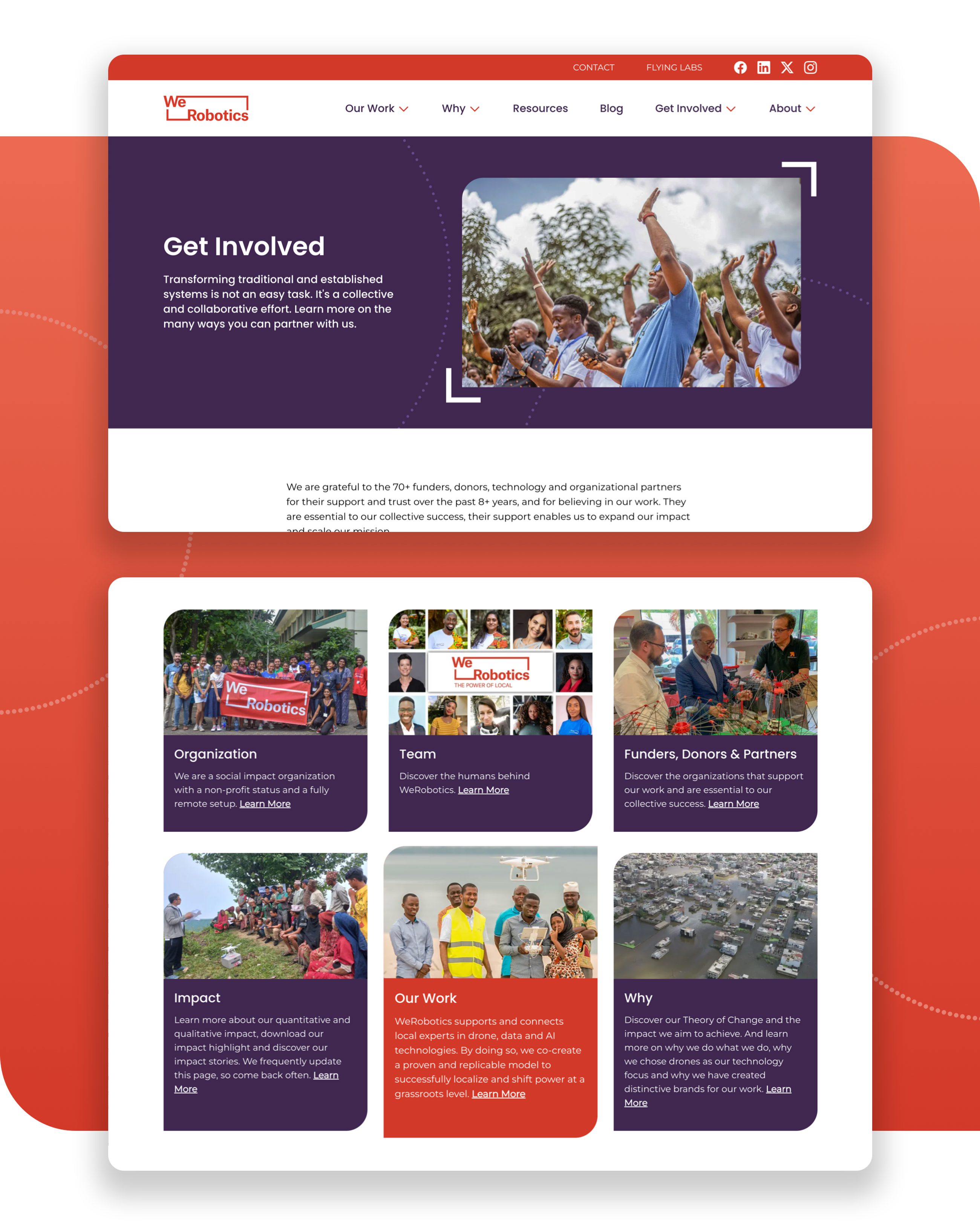 WeRobotics 'Get Involved' webpage featuring their logo design elements throughout the layout, including rounded corner frames on photos and content cards. The page shows six sections - Organization, Team, Funders/Donors/Partners, Impact, Our Work, and Why - each with representative images and descriptions of their humanitarian technology work