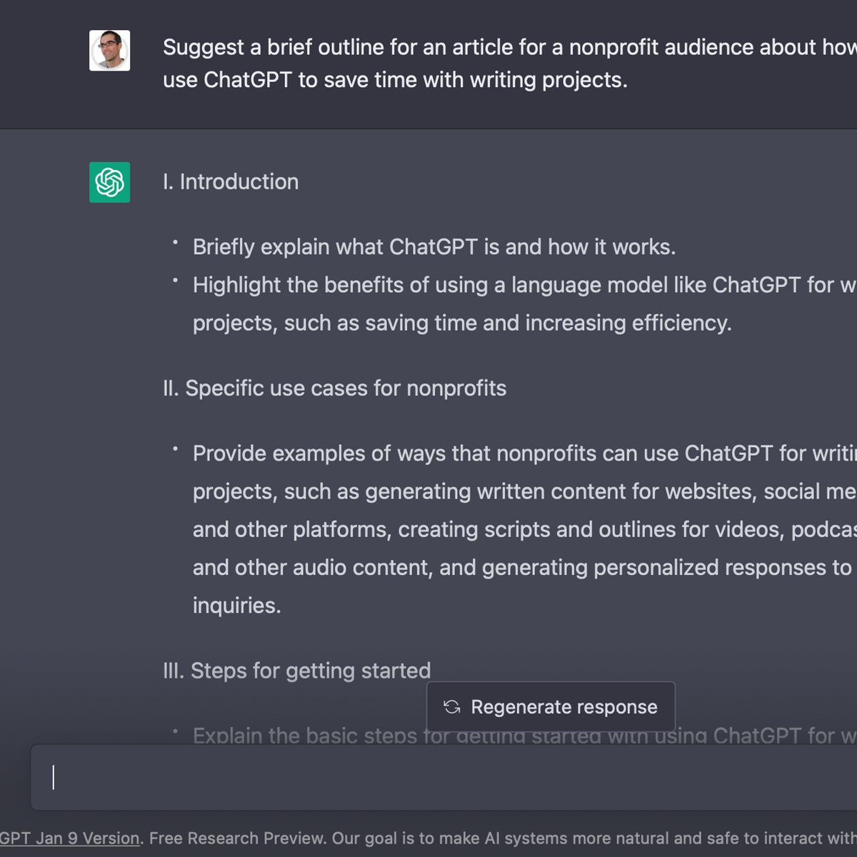 Asking Chat GPT to create a brief outline for an article