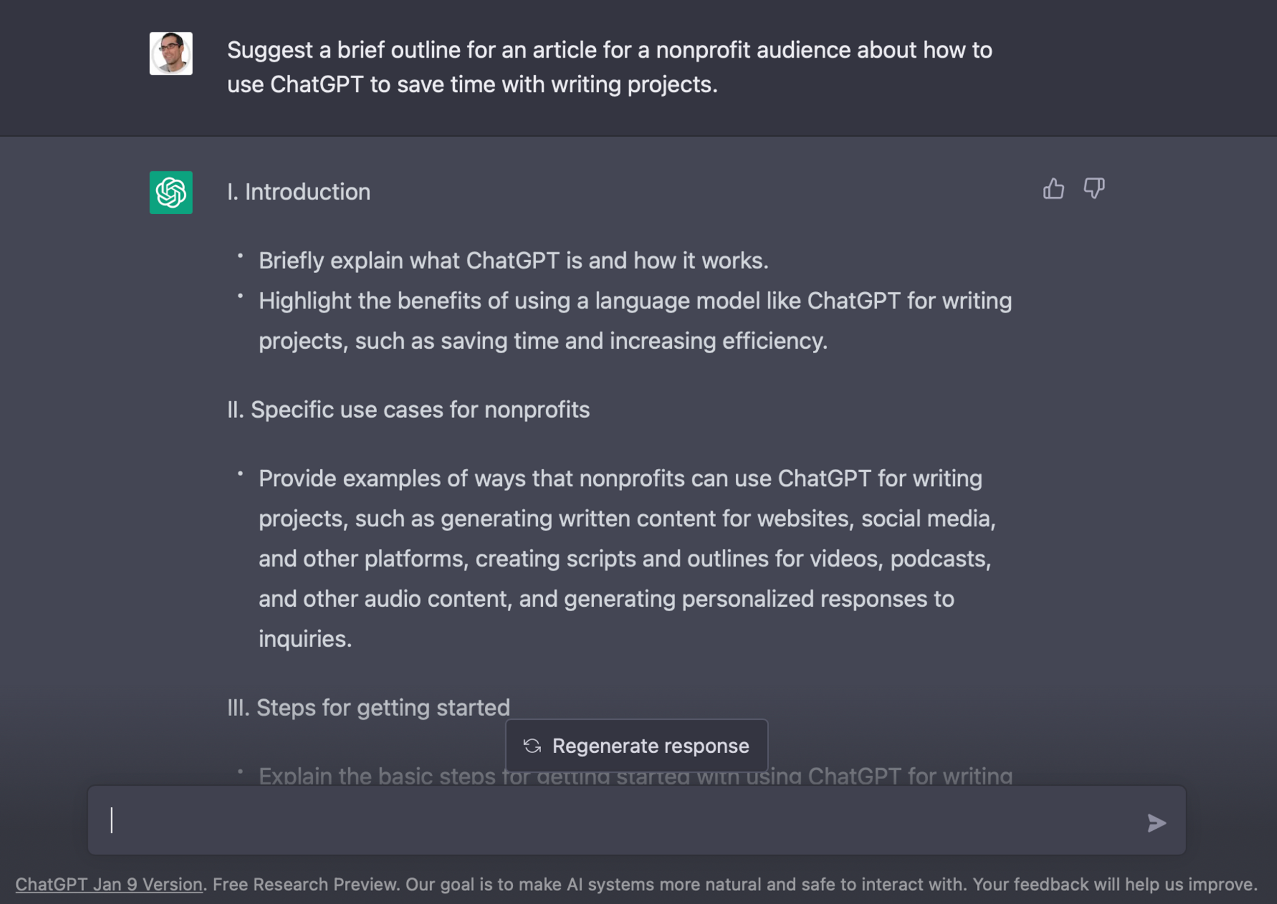 Asking Chat GPT to create a brief outline for an article
