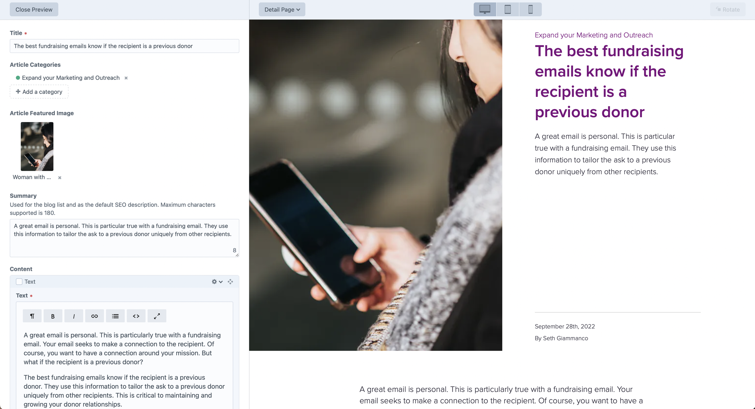 Craft CMS live preview showing article edit and published view