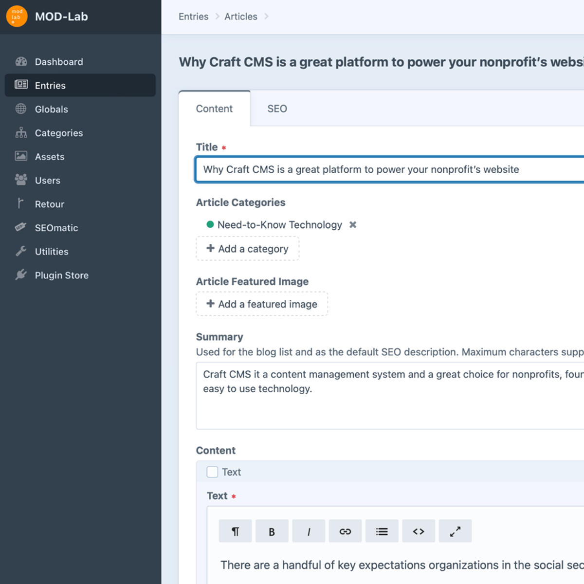Craft CMS publish screen for article