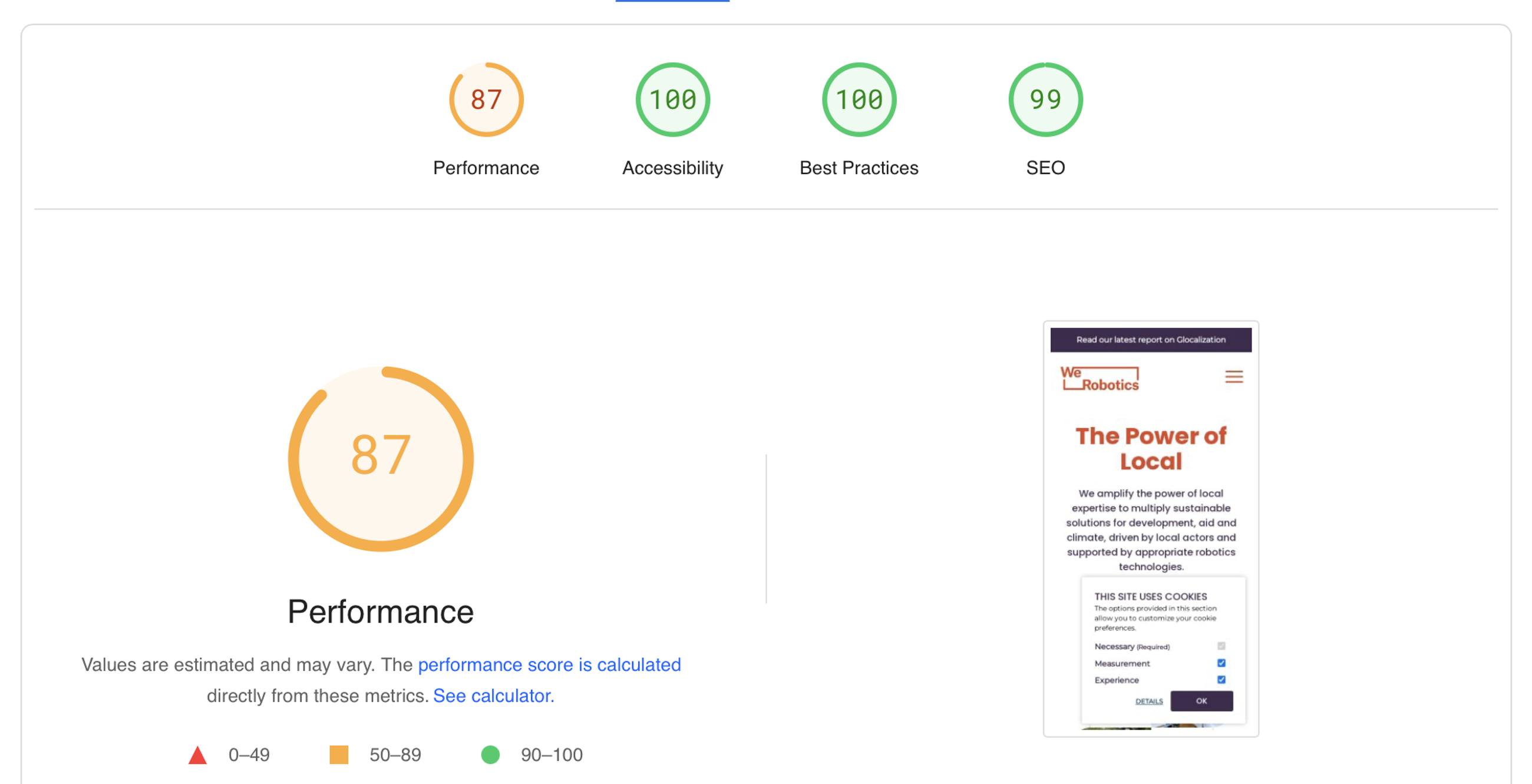 Lighthouse scores showing 87 performance, 100 accessibility, 100 best practices, 99 SEO