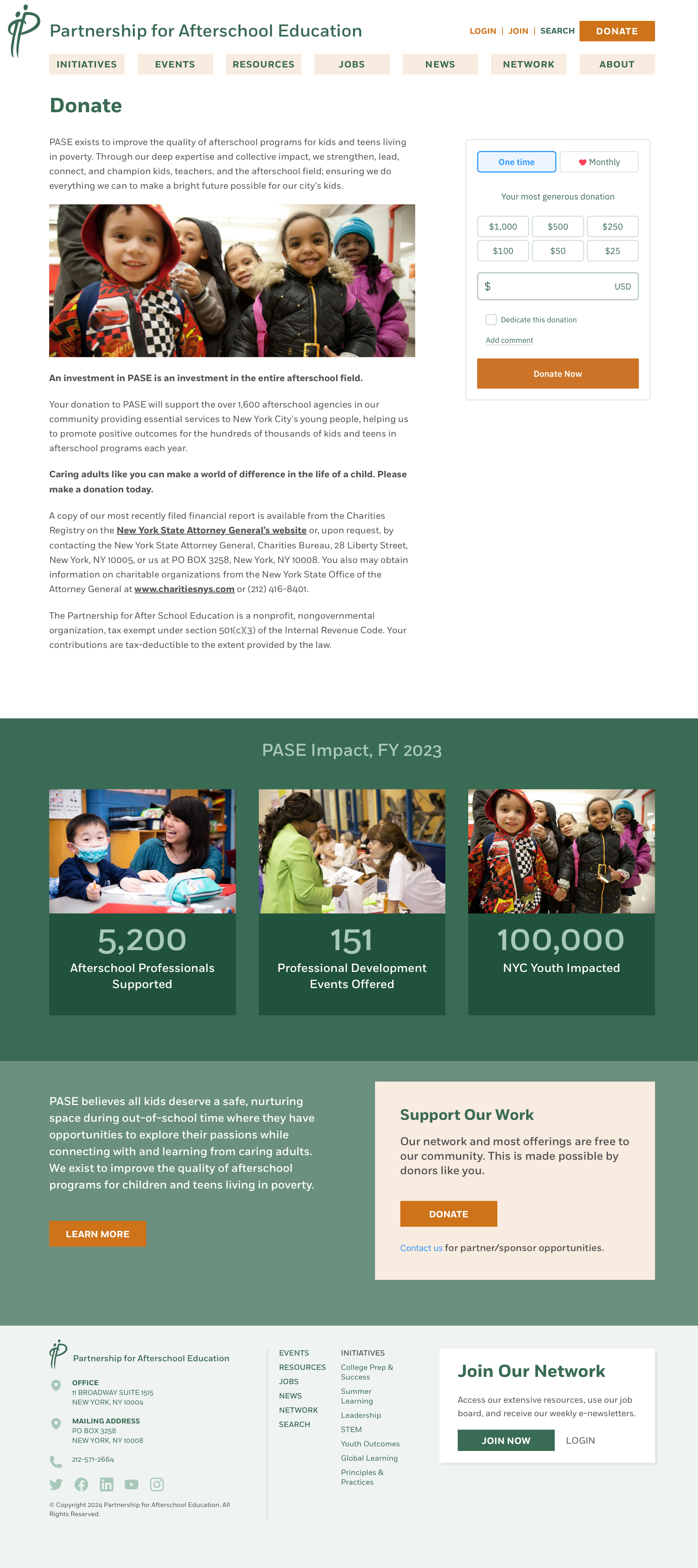 Example donation page from pasesetter.org that includes information about the organization, impact of donations, impact stats, information to partner, and a great donation form.