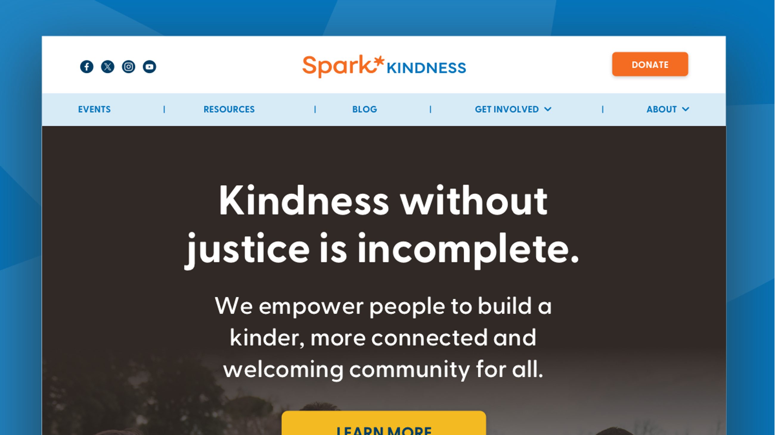 A clear donate button that stands out in a prominent and expected position (upper right corner) on the Spark Kindness website.