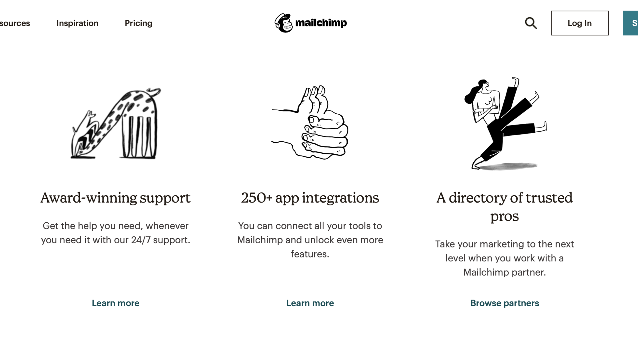 Mailchimp screenshot of website showing a feature block for 360 app integrations