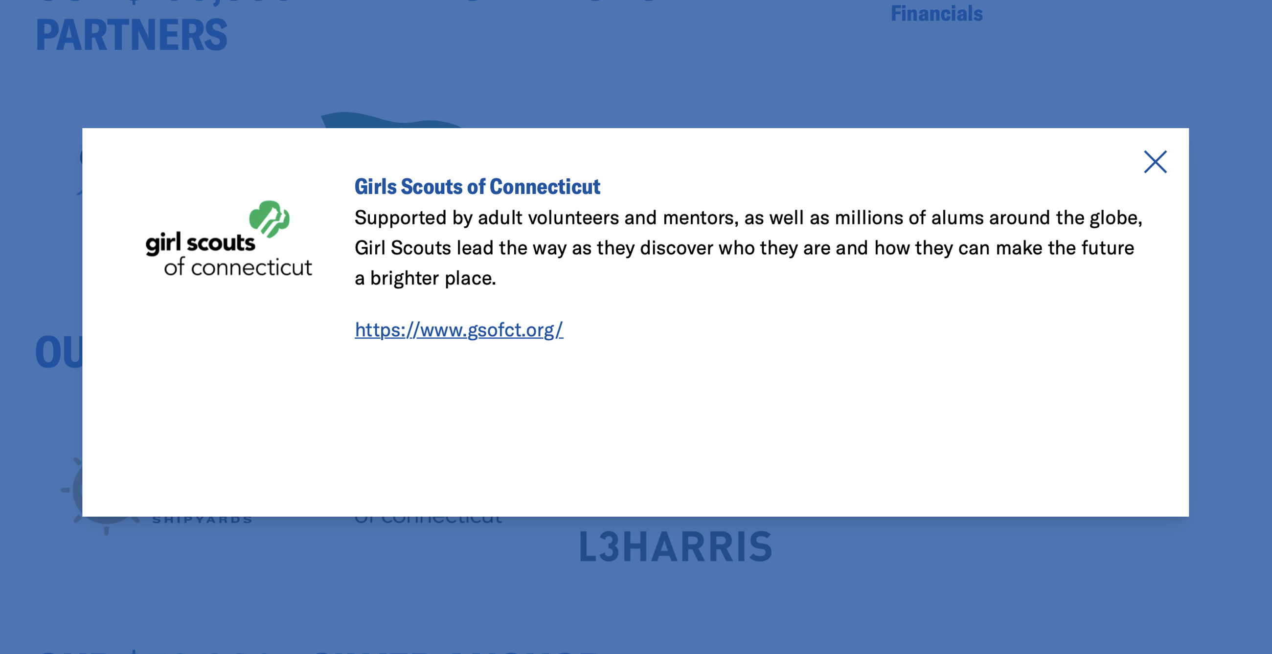 Modal for Girl Scouts of Connecticut and text about their support of the Coast Guard Foundation and a link to their website.