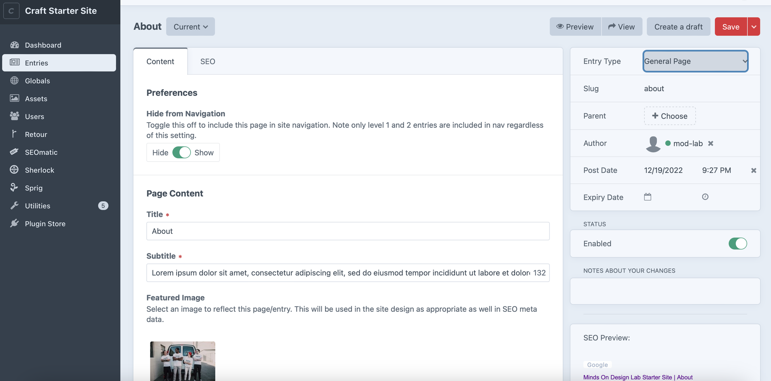 Craft CMS page edit screen for a general page template.