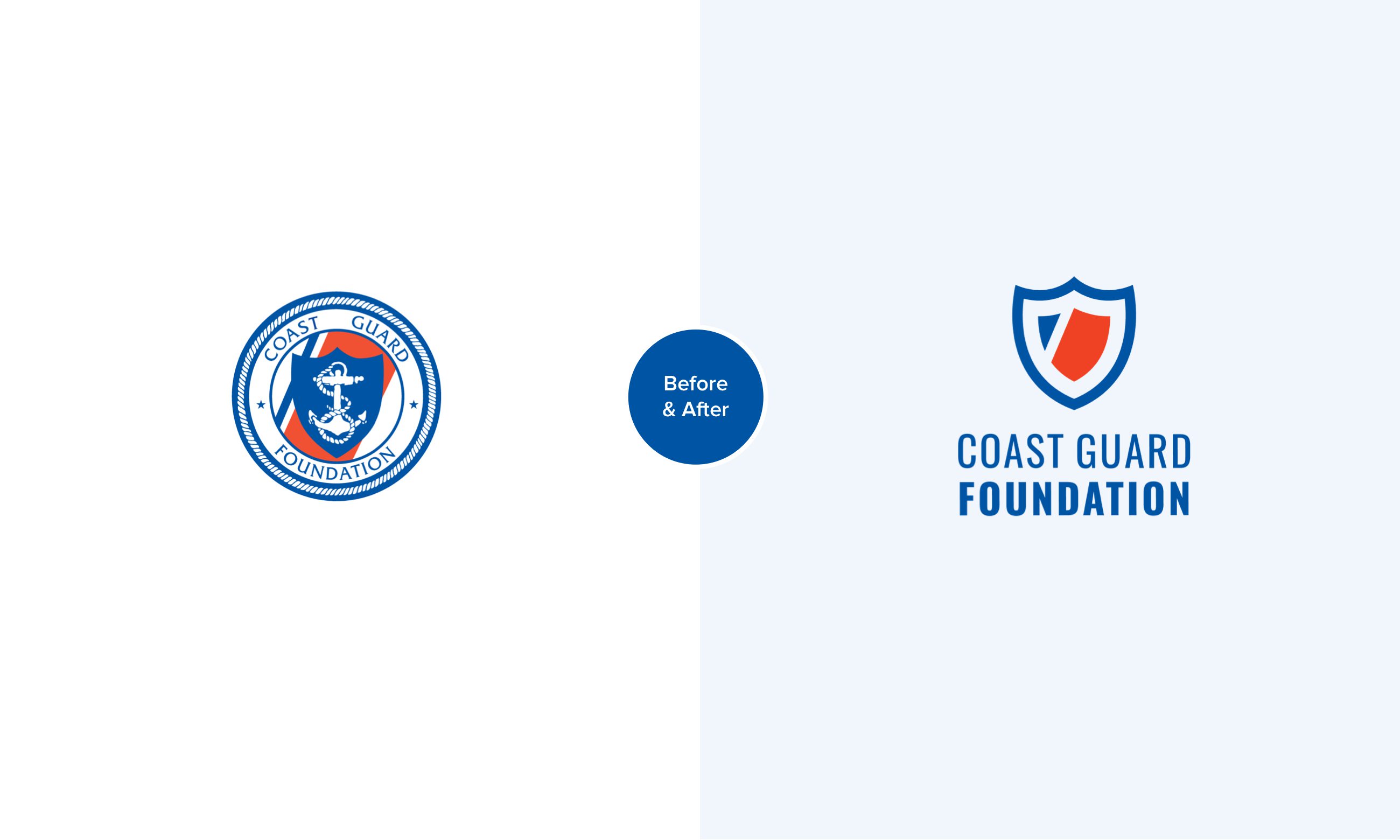 Before and after comparison of the Coast Guard Foundation logo redesign, showing the evolution from a detailed circular seal with anchor and rope border to a simplified modern shield design in blue and orange