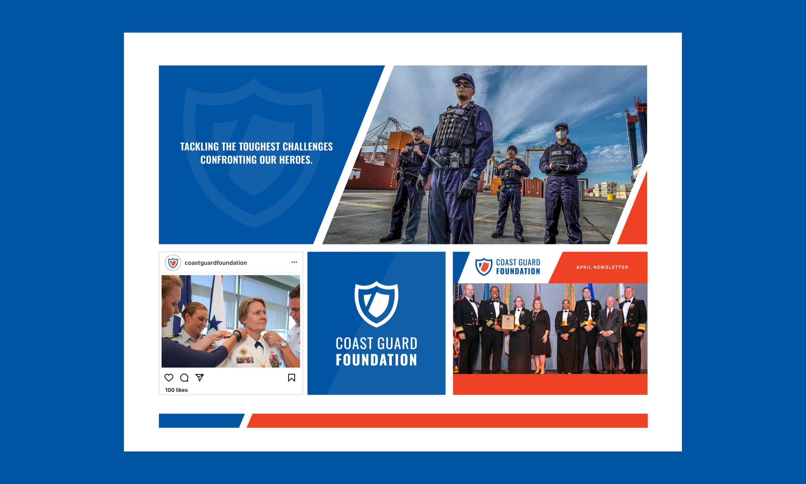Coast Guard Foundation mood board showcasing their brand identity with blue and orange color palette, diagonal design elements, Coast Guard personnel photos, Instagram post layout, shield logo, and newsletter design