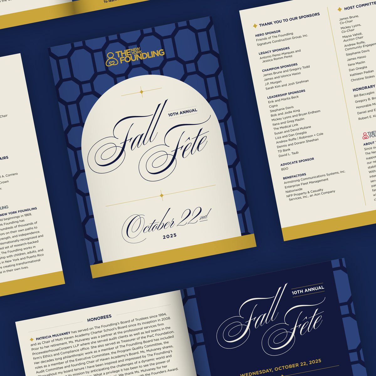 The New York Foundling’s 2025 Fall Fête printed invitation. The design includes a script event font, dark blue polygon shapes, and gold bars. Text shows event date and honorees information.