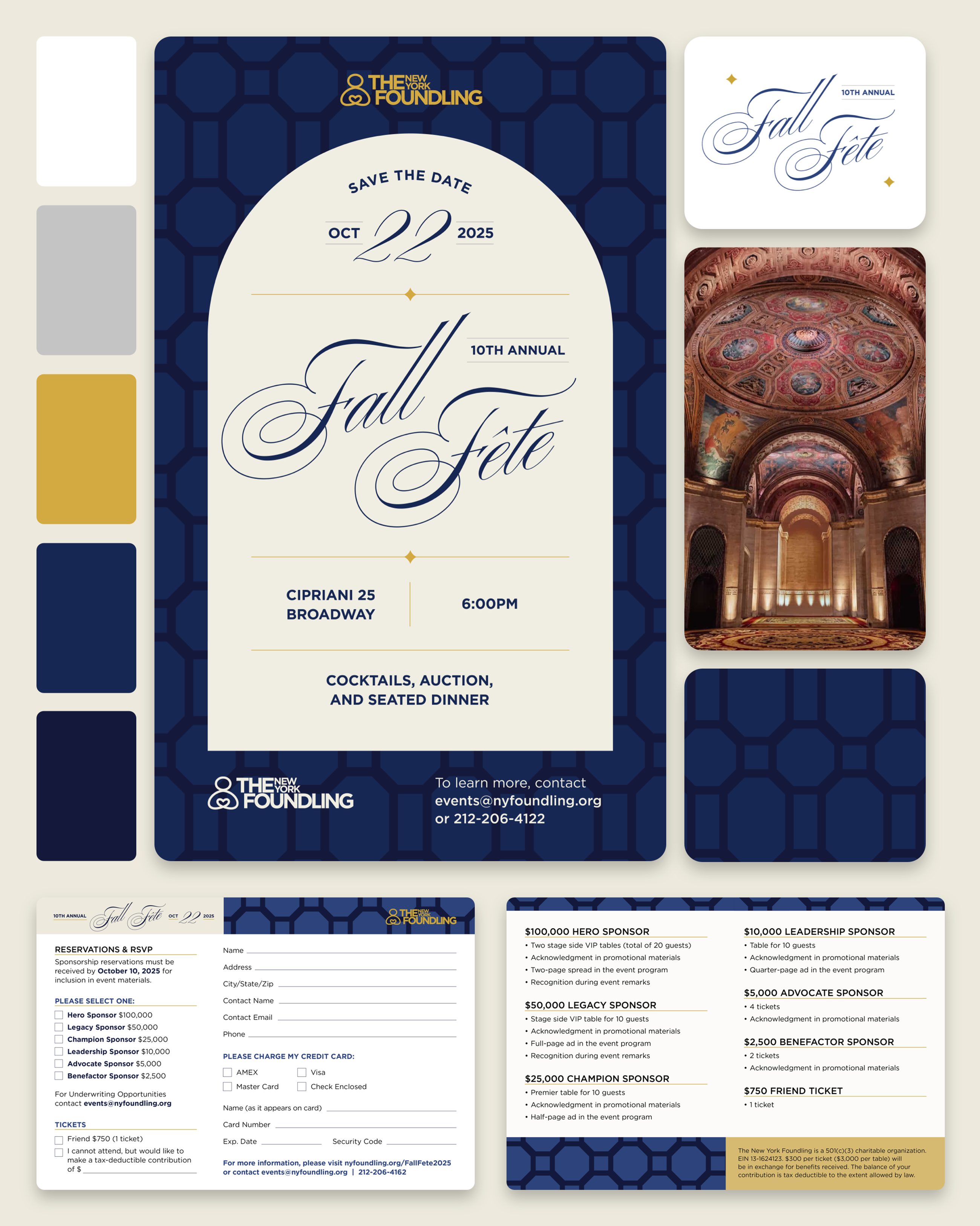 Cards showing the Fall Fête digital Save the Date email, RSVP card, color palette, polygon pattern, and event script font are on a cream background.