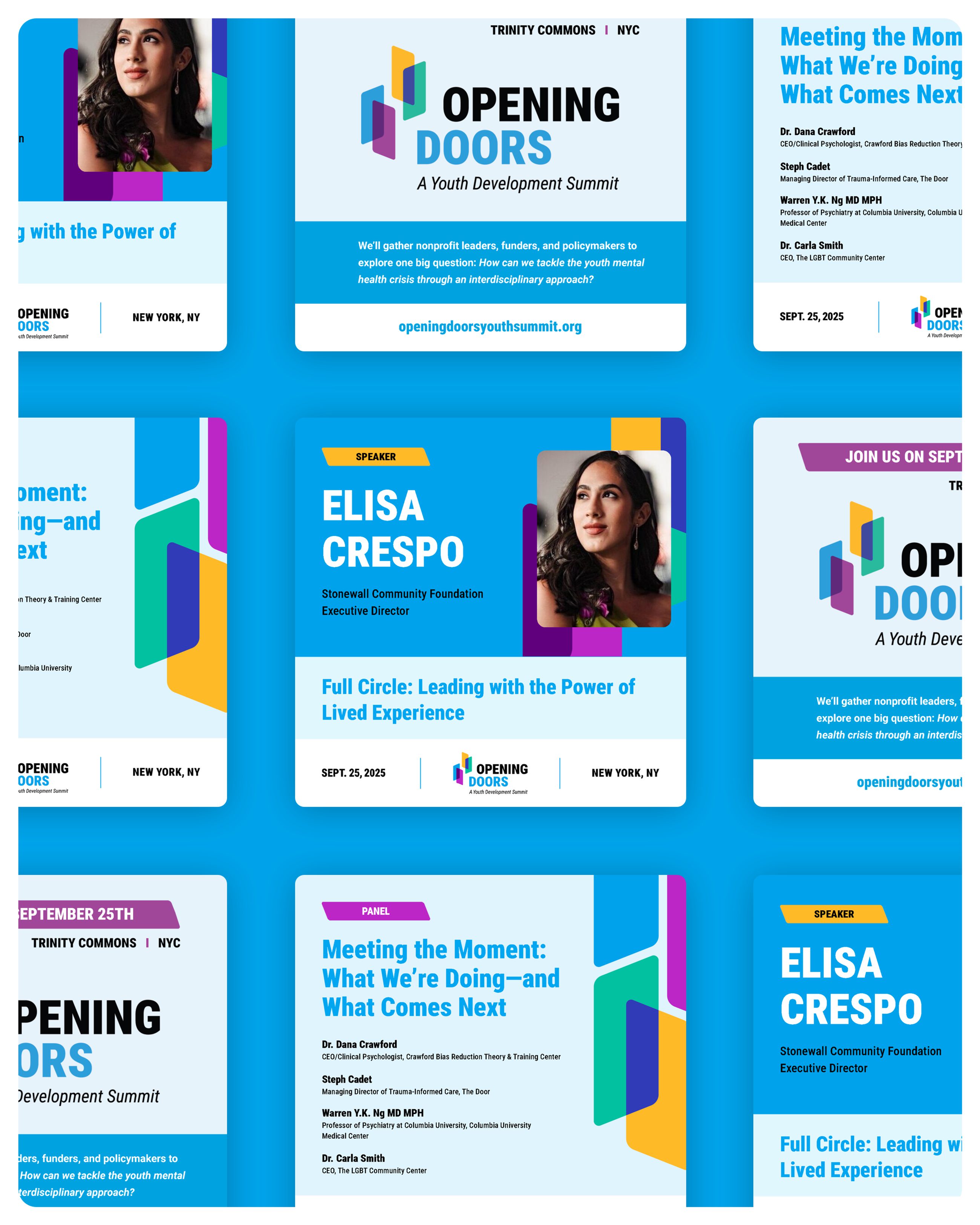 Collage of Opening Doors summit social graphics highlighting the use of the door inspired brand shapes as design elements.