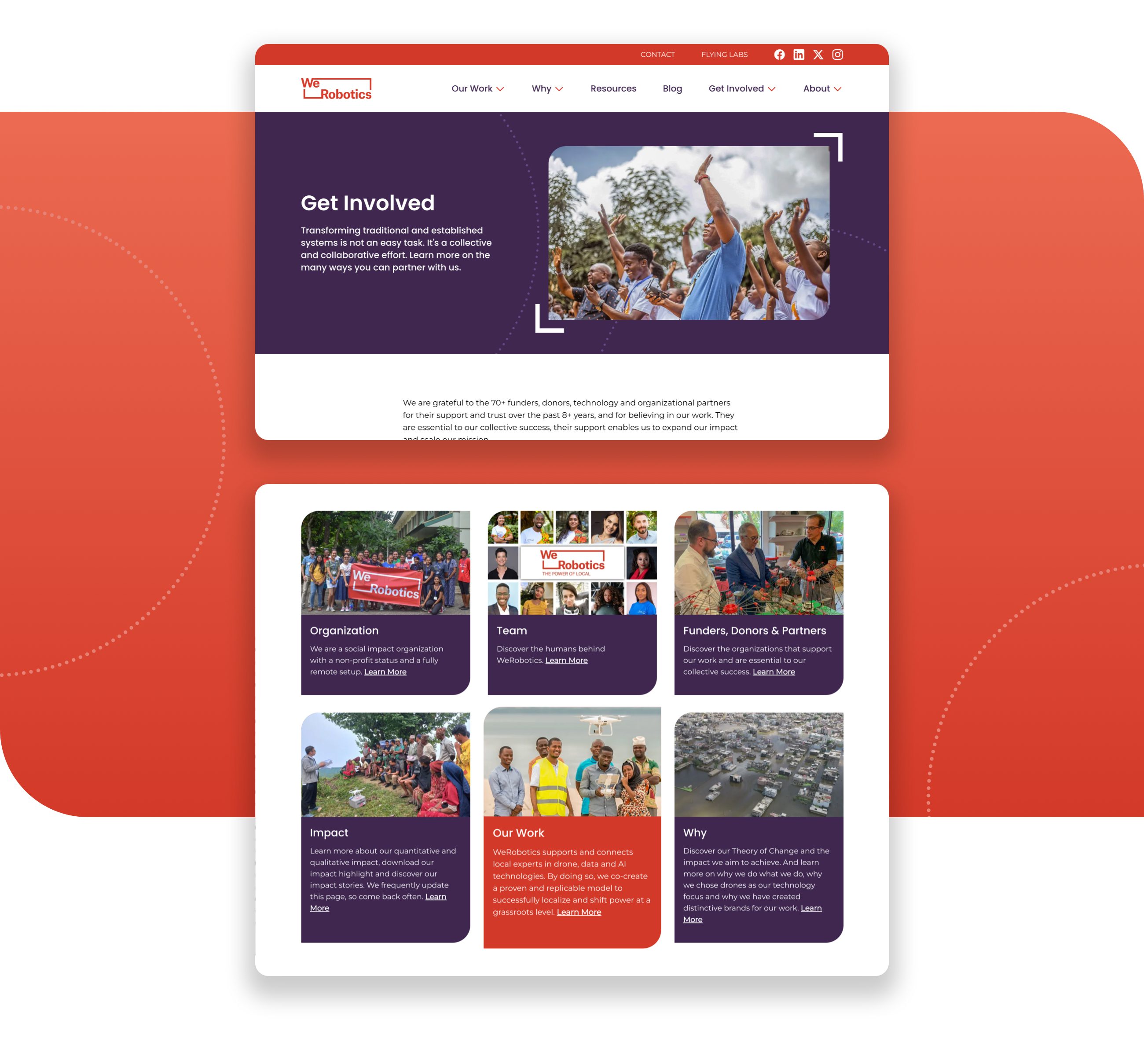 Shows two details of WeRobotic's new landing page templates. A hero area with image, title, and summary. The image has nice design treatment that uses corner border on the upper right and bottom left inspired by their logo treatment. The second detail is a collection of cards highlighting related pages.