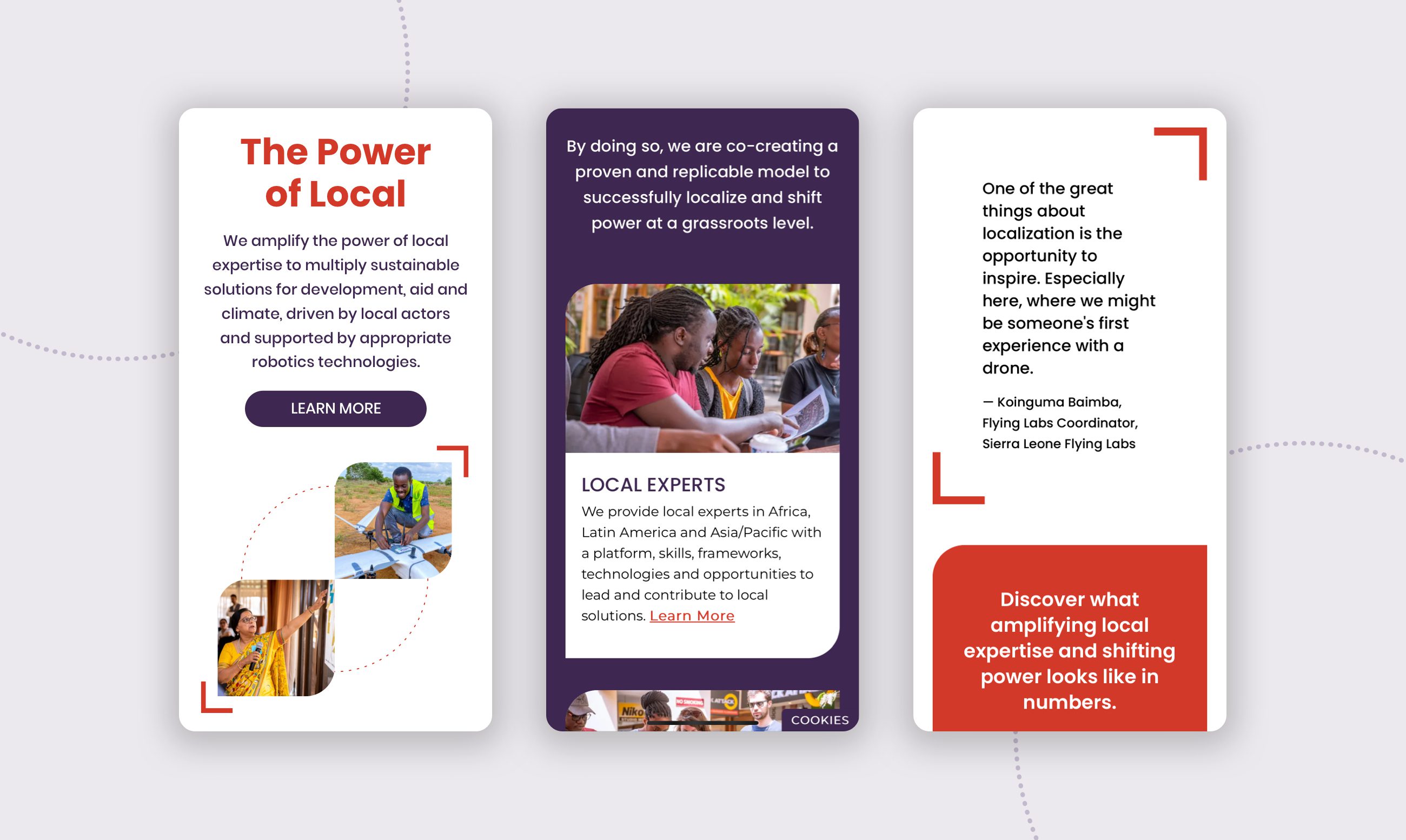 Three details screenshots of the WeRobotics website shown on a phone. These highlight the responsive design of the site. One of the image shows how the hero on the homepage scales with key messaging statement going to the top followed but the two images of people working with drone hardware.