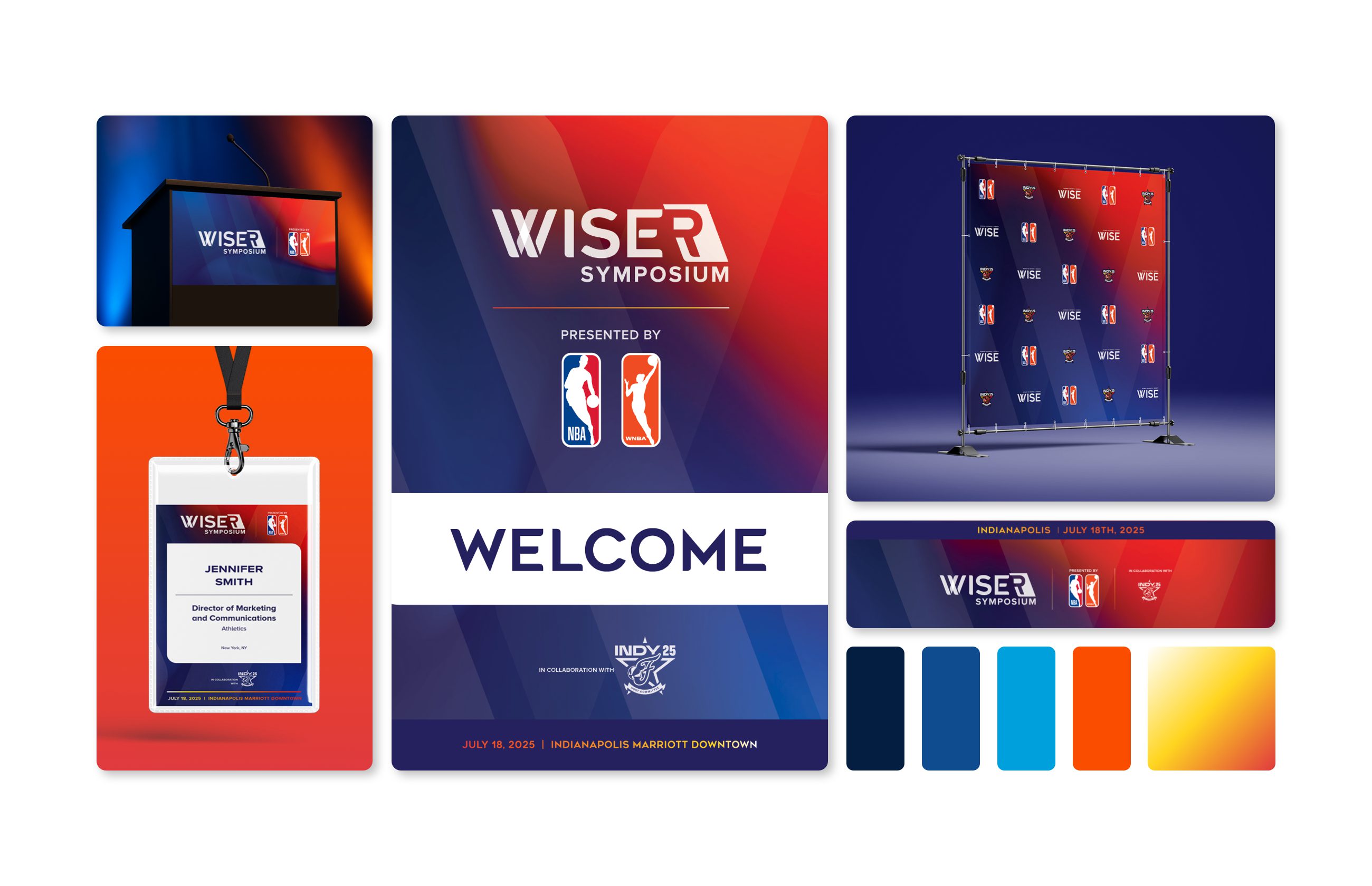 WISER Symposium event branding style guide showing multiple applications including a branded podium, event credential badge for Jennifer Smith on an orange lanyard, welcome signage with NBA and WNBA logos, step-and-repeat backdrop, and event details for Indianapolis July 18, 2025. Color palette features navy blue, royal blue, cyan, orange, and yellow-to-orange gradient.