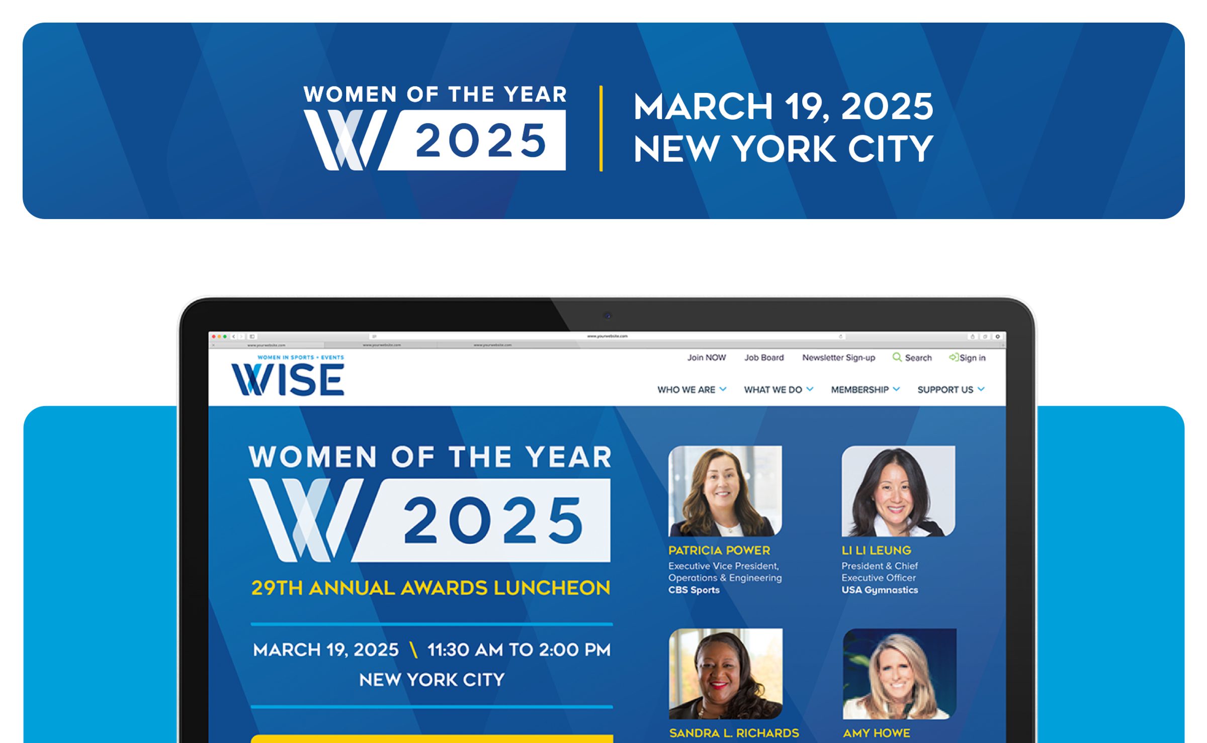 Women of the Year 2025 event materials featuring laptop mockup displaying 29th Annual Awards Luncheon webpage for March 19, 2025 in New York City with honorees Patricia Power, Li Li Leung, Sandra L. Richards, and Amy Howe. Includes save the date graphics, honoree card for Maru Wittenberg (2006 Honoree), and color palette of yellow, cyan, and navy blue. Event tagline: 'Game Recognizes Game.'