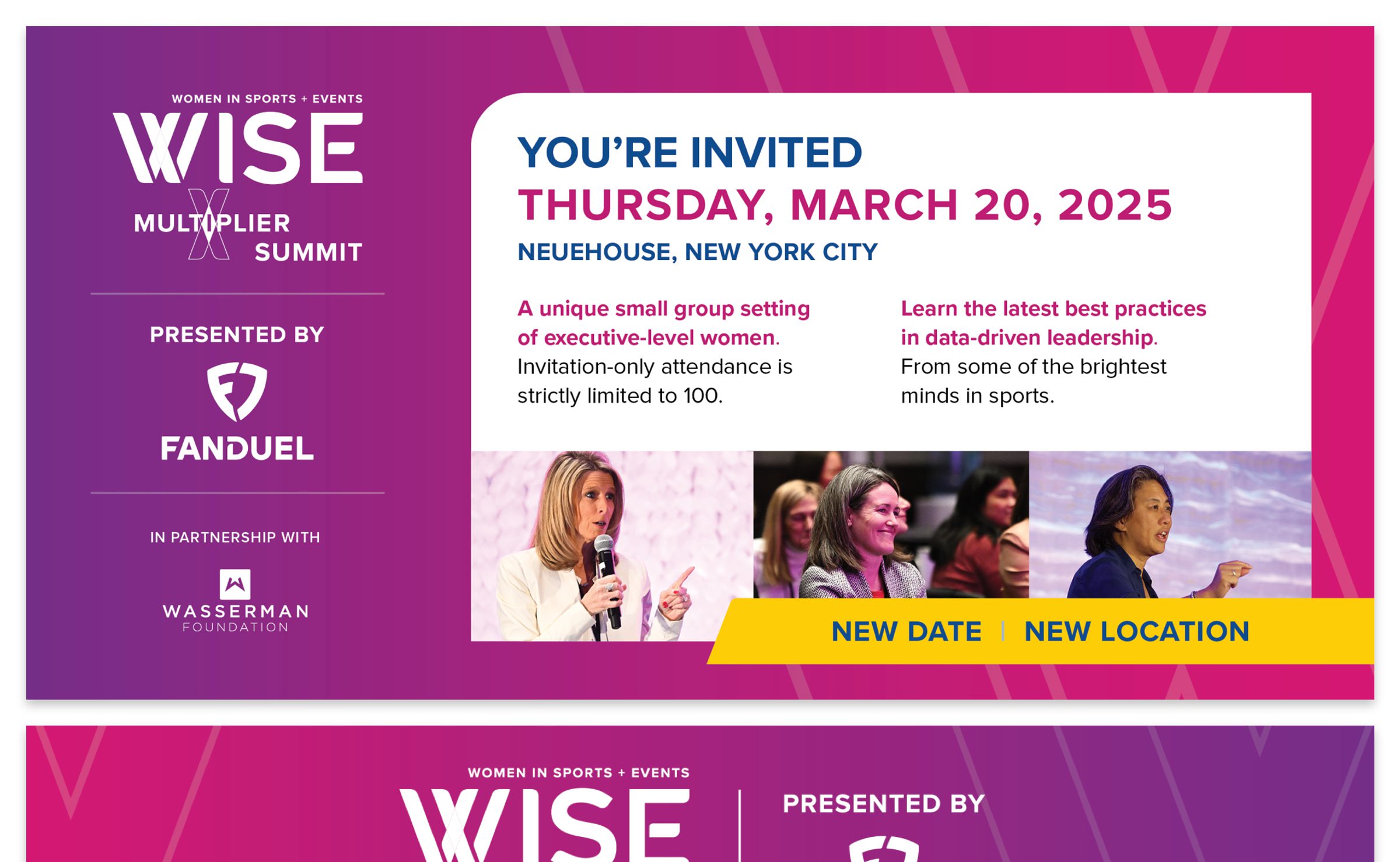 WISE Multiplier Summit event branding in purple and magenta gradient featuring invitation for Thursday, March 20, 2025 at Neuehouse, New York City, presented by Fanduel in partnership with Wasserman Foundation. Includes save the date materials, session announcement for 'Empowering Growth' panel, and color palette showing navy blue, yellow, purple, and magenta.