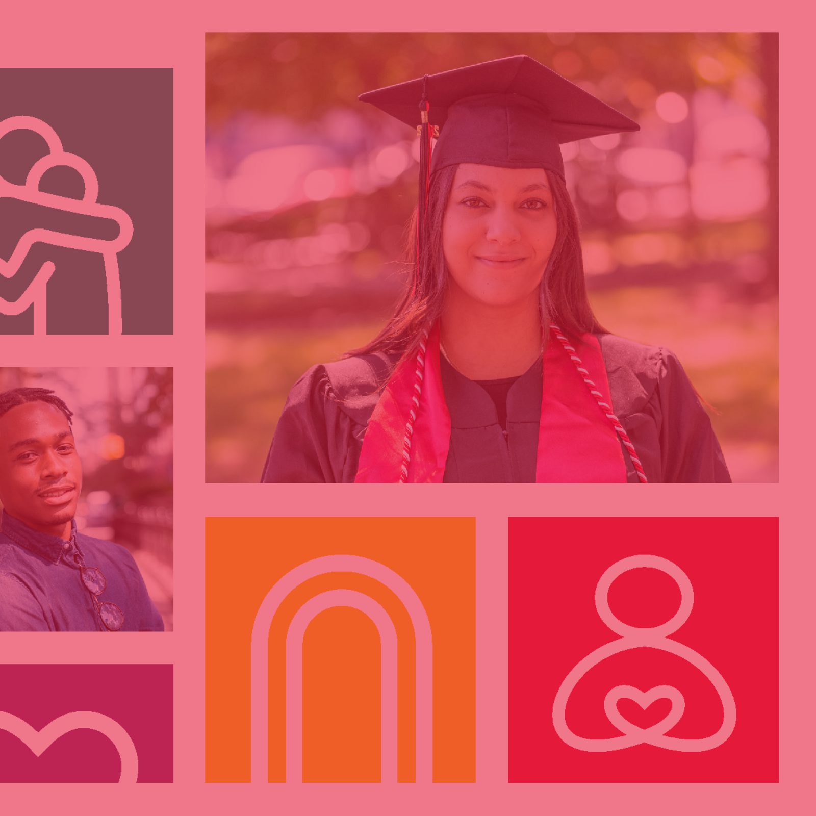 Image showing a designed grid with icons of people hugging, arches, and New York Foundling logo mark, along with a picture of a graduate.